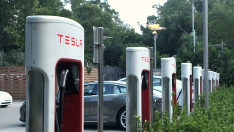 Hong Kong - December 21, 2021: Tesla electric car charging station in Hong Kong.