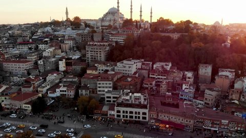 Istanbul Turkey - 11.17.2021
Drone shot of the Suleymaniye Mosque in Istanbul. Tomb of Sultan Suleiman. Muslim temple in Istanbul. Cemetery in the courtyard of the mosque. 