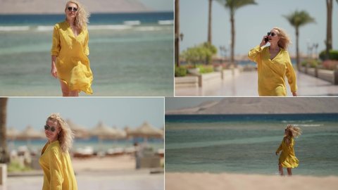 Collage slow motion - an adult woman walking on the beach. A beautiful woman is happy to relax while strolling along the beach by the sea at the resort. Lifestyle women travel by the beach concept