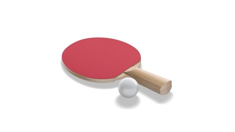 Blank red table tennis racket with ball mockup, looped rotation, 3d rendering. Empty turning racket with rubber board mock up, isolated on white background, 4k video. Sporty game equipment template.