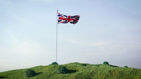 United Kingdom flag video waving in the wind on a beautiful landscape.