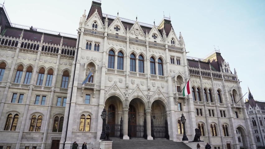 Panorama with building of Hungarian parliament at Danube river in Budapest city Hungary