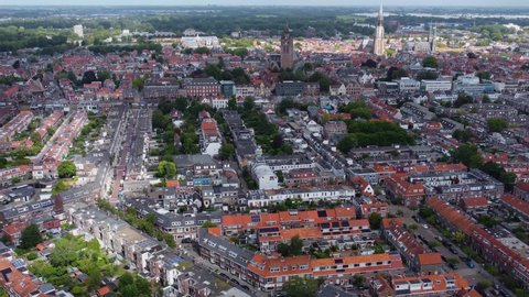 Aerial  of Delft in netherlands on a sunny and windy morning day