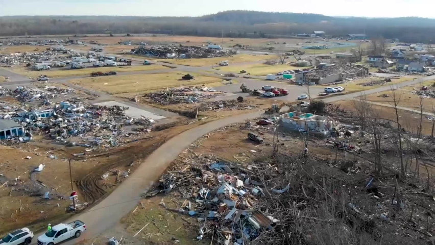 KENTUCKY - CIRCA 2021 - aerial of tornado damage and the shocking destruction of a factory in the town of Dawson Springs, Kentucky.