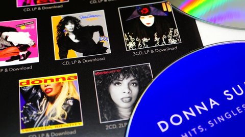 Rome, Italy: 28 January 2019: CD detail of the famous disco music star Donna Summer, died in 2012. selective focus, white background