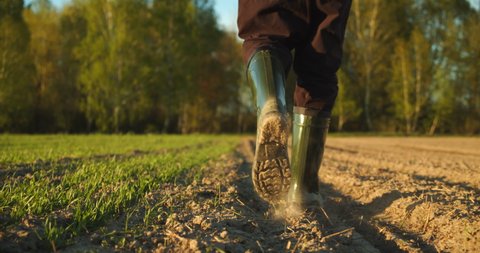 Close-up of a farmer's feet in rubber boots walking down a farmer field  dust rising from shoes. Low angle. One part is sown, the second part is not sown. Slow motion 4k footage.