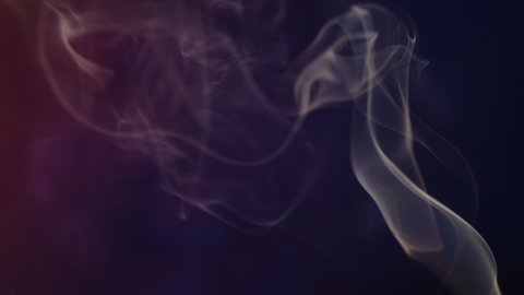 Smoke background. Burning aroma stick with smoke on dark gradient red and blue background.