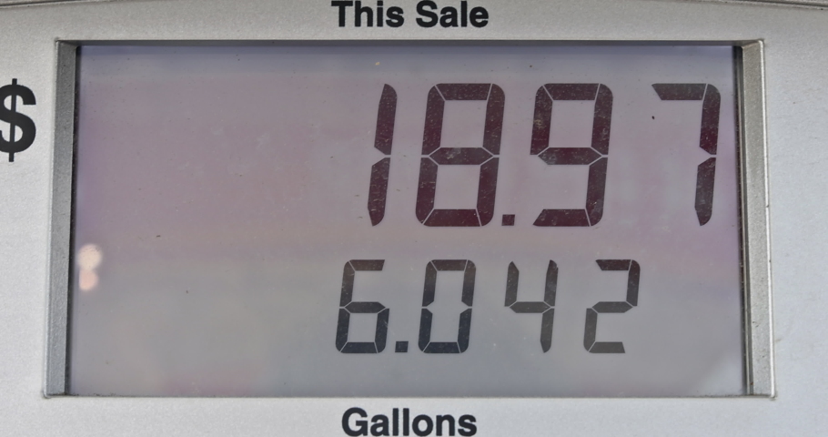 Gasoline price counter on display showing gas price a gas pump meter running at a gas station Royalty-Free Stock Footage #1084188526