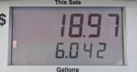 Gasoline price counter on display showing gas price a gas pump meter running at a gas station