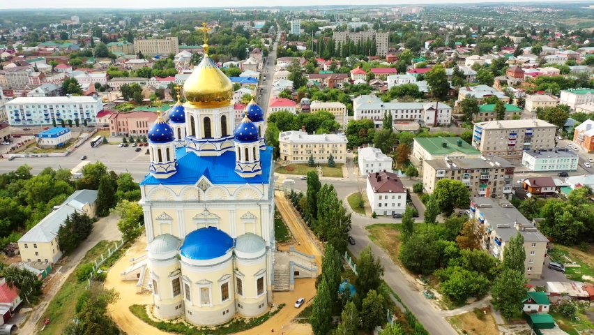 Aerial view of the Ascension Cathedral and residential areas on a summer day in Yelets Royalty-Free Stock Footage #1084189786