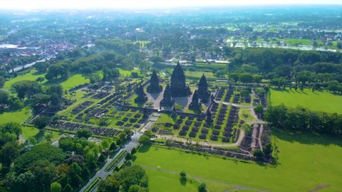 Established Aerial Shot of Candi Prambanan (Prambanan Temple), Hinduism Temple in Central Java
