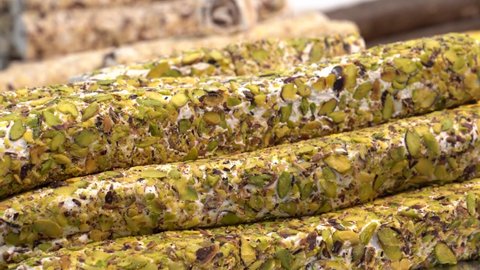 Traditional Turkish delight, with pistachio, for sale in a market.