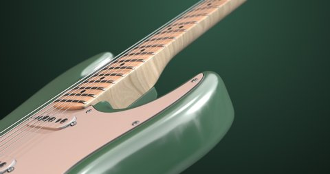 Metallic Surf Green Electric Guitar Instrument Rotating Slowly. Macro Shot With Depth Of Field. Art And Entertainment Related 4K 3D Motion Graphics.