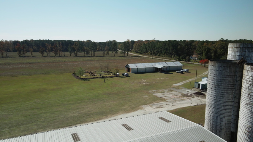 Wedding venue set up on farmland in Burgaw, North Carolina Aerial flyover 