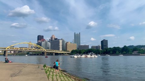 Pittsburgh , Pennsylvania , United States - 08 22 2021: Pittsburgh Downtown seen from a distance