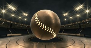 Virtual sport stadium with shining baseball ball floating in the air. Two time looped 4k video parts as golden and blue variant. Virtual studio background animation.
