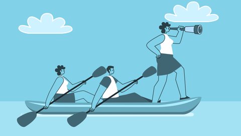 Cartoon woman looking through a telescope and his team rowing oars. Teamwork business concept. Flat Design 2d Characters Isolated Loop Animation with Alpha Channel