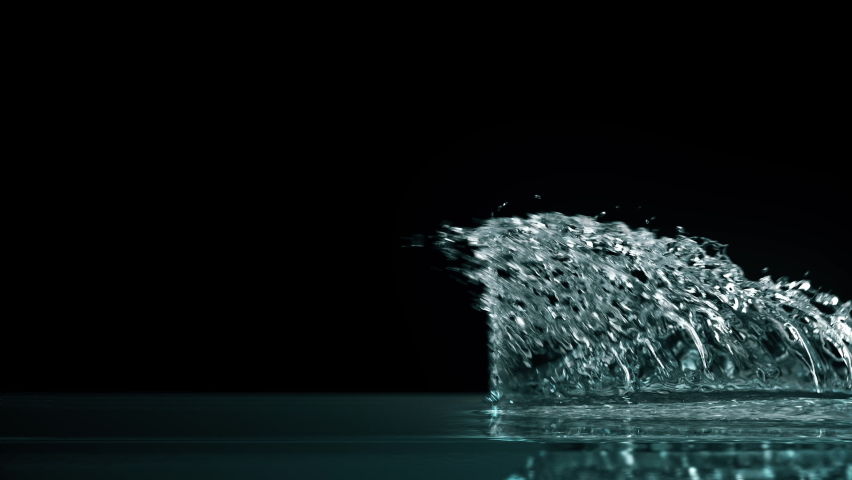 Water side splash, sliding on water surface, product glides in clear water with splash and drops in slow motion 4k isolated