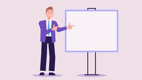 businessman character stands at empty flip chart board for presentation and points at it. copy space for text. 2d modern cartoon style animation. template for explainer video, ads or banner - Powered by Shutterstock - Get 15% off with code: PIKWIZARD15