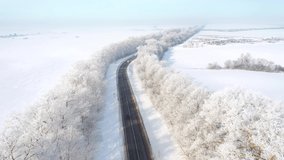 The drone flies over the highway that passes through snowy fields on a sunny day. Bird's eye view. Road conditions in winter. Cinematic aerial shot. Discover the beauty of earth. Filmed in 4k video.