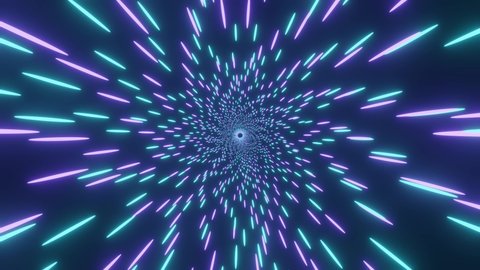 Fyling through blue and violet glowing light streak tunnel. Abstract wormhole, hyperloop, big data background