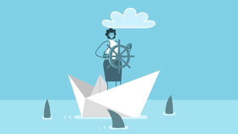 Cartoon woman sailing on paper boat surrounded by sharks. Flat Design 2d Character Isolated Loop Animation