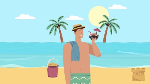 man drinking coconut cocktail on the beach , 4k video animated