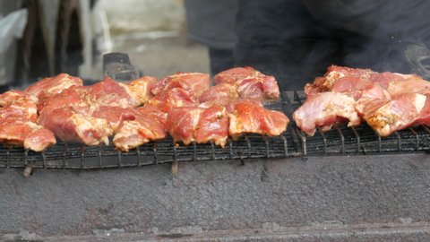 Shish kebab. Pork or lamb meat pieces being fried on a charcoal grill. Frying grilled pieces of meat during the rest. Street food. Food festival. 