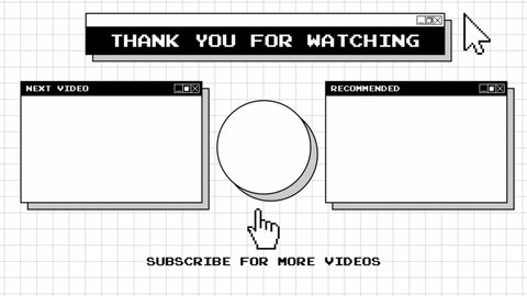 Animated end screen in old computer aesthetic style with black and white color element. Suitable for computer, games, technology Etc. video content.