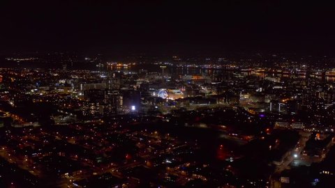 Liverpool city centre aerial at night with towers and buildings
