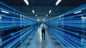 Futuristic Animated Concept: Big Data Center Chief Technology Officer Using Laptop Standing In Warehouse, Information Digitalization Lines Streaming Through Servers. SAAS, Cloud Computing, Web Service - Powered by Shutterstock - Get 15% off with code: PIKWIZARD15