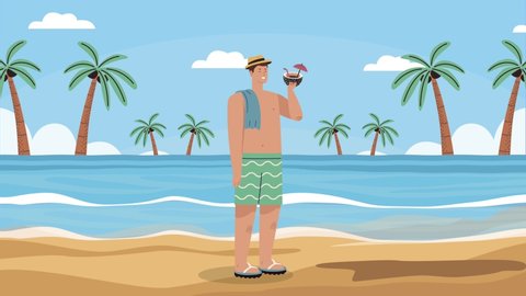 young man drinking coconut cocktail on the beach , 4k video animated