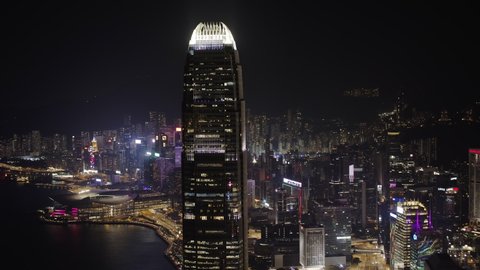 Hong Kong, China, Asia - Nov 2021: Drone Night Shot of Hong Kong City Skyline Central Business District