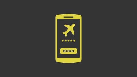 Yellow Smartphone with electronic boarding pass airline ticket icon isolated on grey background. Passenger plane mobile ticket for web and app. 4K Video motion graphic animation.
