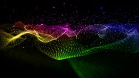 Futuristic video animation with colorful wave object and glitter particles in slow motion, 4096x2304 loop 4K