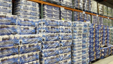 Marana, Arizona - USA - December 21, 2021: Fully stocked shelves of toilet paper and paper towels at Costco in Marana, Arizona. 