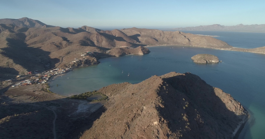 Aerial view flying over hills of Baja conception Mexico