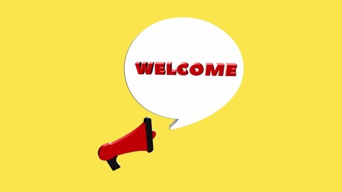 3d realistic style megaphone icon with text Welcome isolated on yellow background. Megaphone with speech bubble and welcome text on flat design. 4K video motion graphic