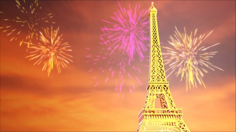3D Animation Massive Tour Eiffel with fireworks exploding in dusk sky background.
