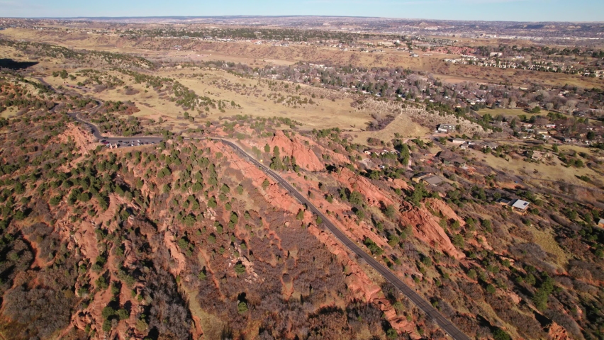 Aerial View Of Countryside Desert Road Near Garden Of The Gods In Manitous Springs, Colorado. Daytime 4K Drone.