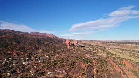 Rock Formations And Buildings Near Garden Of The Gods In Manitous Springs, Colorado. 4K Drone.