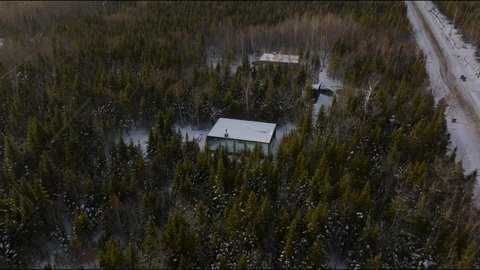 Thicket Woods With Reflexion Chalet Mirror In Charlevoix, Quebec Canada. Aerial Drone
