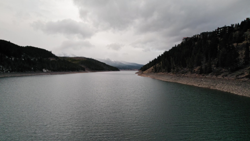 Cloudy Moody Drone Aerial View Of Snake River Arm Near Woodland Hills In Sapphire Point Dillon Reservoir, Colorado.