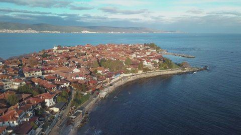 Nessebar Ancient City And Seaside Resorts On The Bulgarian Black Sea Coast At Daytime. - aerial