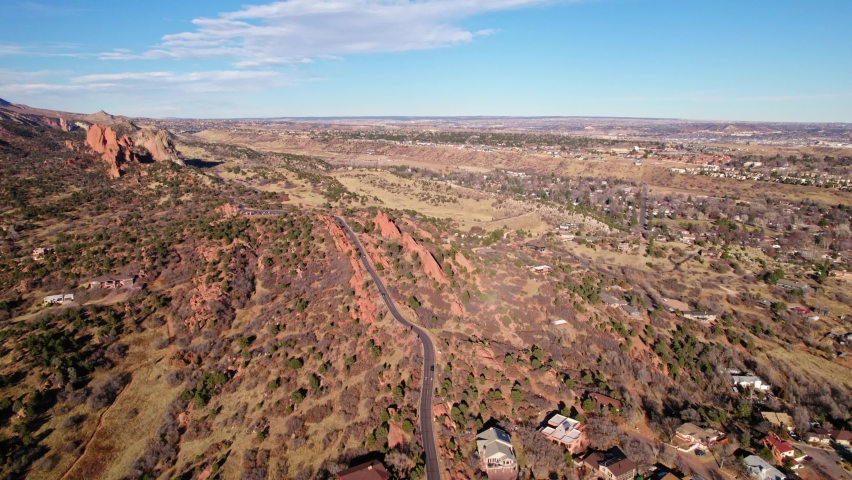 Aerial View Of Countryside Desert Road Near Garden Of The Gods Rural Area In Manitous Springs, Colorado. Daytime 4K Drone.