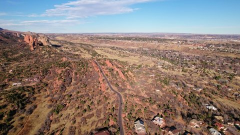 Aerial View Of Countryside Desert Road Near Garden Of The Gods Rural Area In Manitous Springs, Colorado. Daytime 4K Drone.