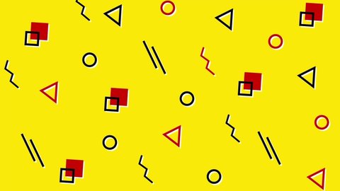 Geometric Shape pattern animation on yellow background. Animated triangle, circle and Square Shapes Rotate with 90s Style. Trendy Vintage design Abstract