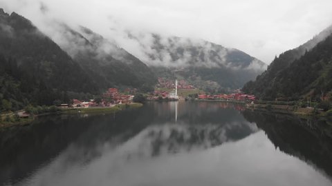 Static view beautiful lake in Uzungol misty mountains village, Trabzon, Turkey