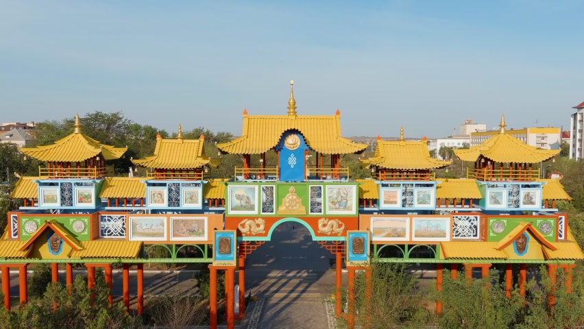 Elista, Russia. The Golden Gate is a Buddhist architectural structure, located near Lenin Square on the Alley of Heroes, Aerial View