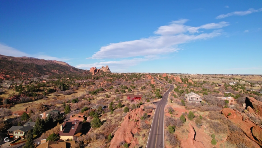 Countryside Road Near Garden Of The Gods Rural Area In Manitous Springs, Colorado. Daytime 4K Drone.